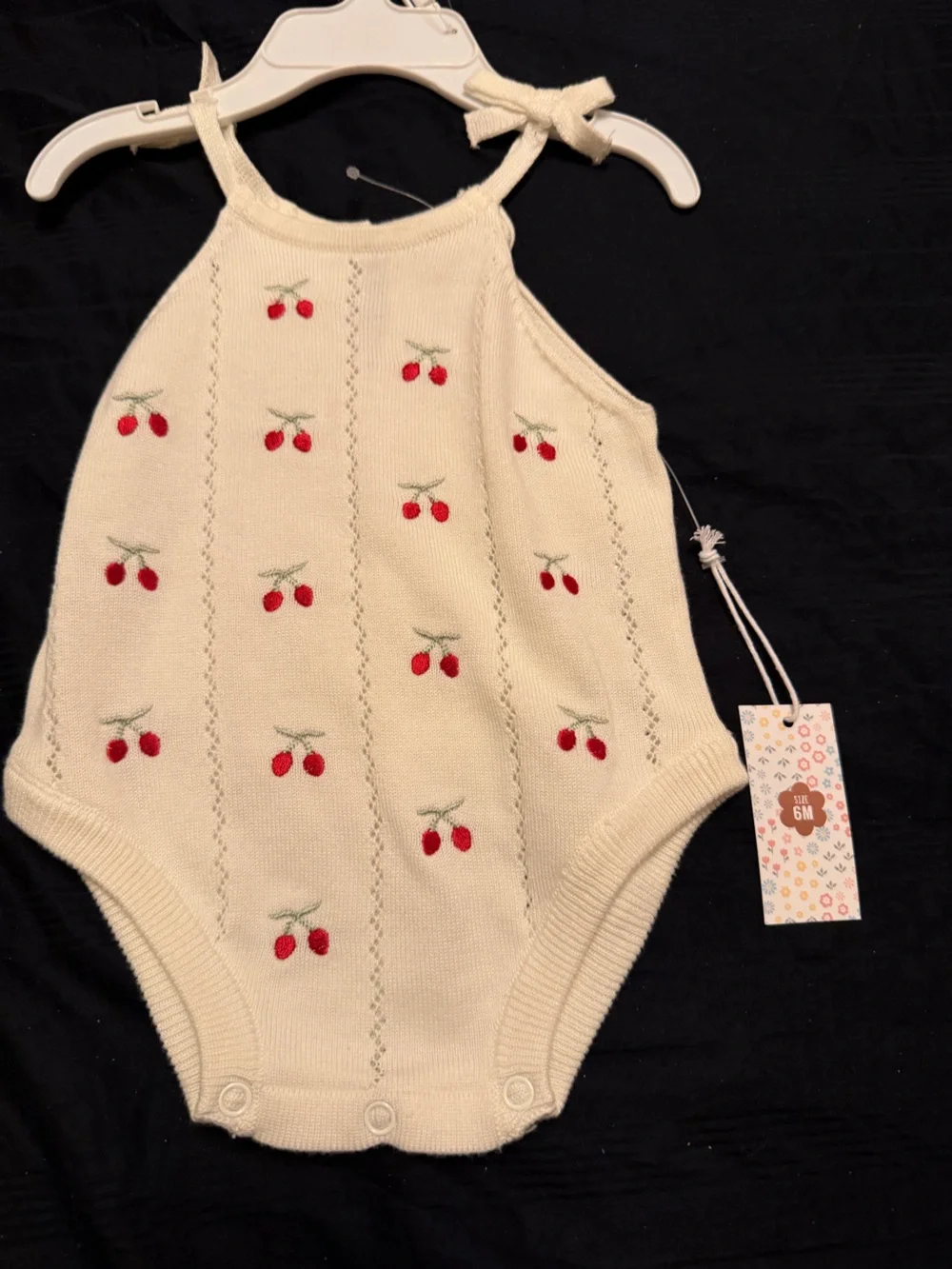 Cream Knit Cherry-Embroidered Baby One-Piece Romper by Between